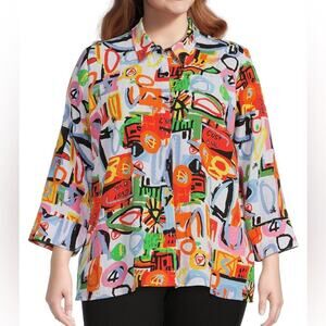 Ali Miles‎ colorful abstract patchwork blouse Petite XL lagenlook art to wear